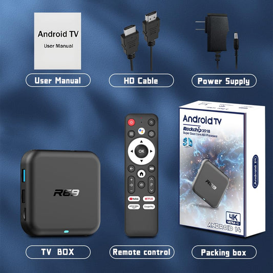 Android 14.0 TV Box,R69 Android Box 2GB RAM 32GB ROM RK3518 Quad-Core Arm Cortex-A53 Mali-450,Android TV Box Support 2.4/5.0GHz BT 5.0 mit 4K UHD und 100M Ethernet USB 3.0/2.0