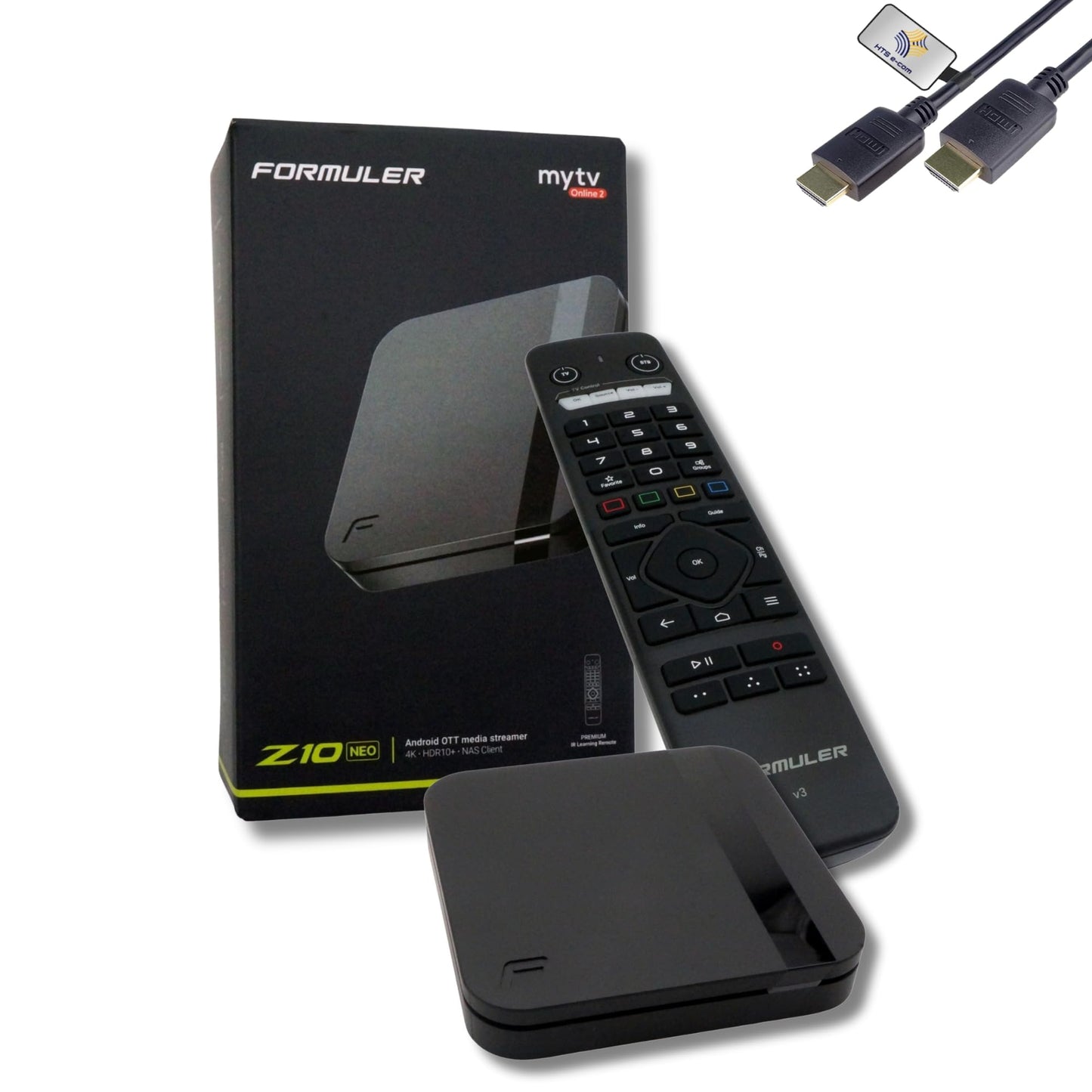 Formuler Z10 Neo 4K Android 10 Lecteur média OTT, 4K UHD 10-bit 60fps h.265, HDR10+ Smart OTT IP Media Streaming Box, WLAN, IR Remote, Widevine L1 Support, MYTVOnline2 App, HTS e-com Câble HDMI