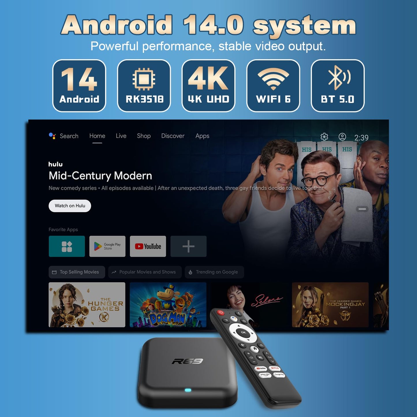 Android 14.0 TV Box,R69 Android Box 2GB RAM 32GB ROM RK3518 Quad-Core Arm Cortex-A53 Mali-450,Android TV Box Support 2.4/5.0GHz BT 5.0 mit 4K UHD und 100M Ethernet USB 3.0/2.0