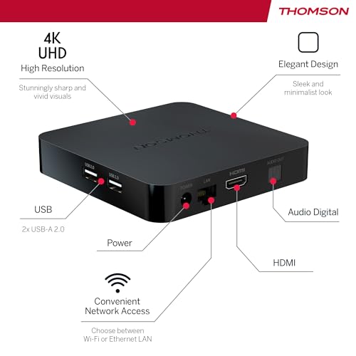 THOMSON Streaming Box 240, Google TV, 4K UHD, Commande vocale, Google Cast, Dolby Atmos, Dolby Digital Plus, Bluetooth 5.0, HDMI 2.1, HDR10, Wi-FI, 2 GB RAM, 8 GB Stockage