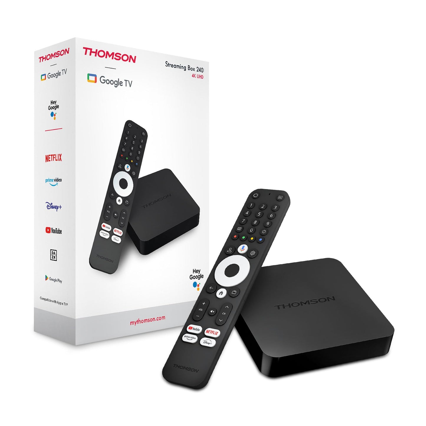 THOMSON Streaming Box 240, Google TV, 4K UHD, Commande vocale, Google Cast, Dolby Atmos, Dolby Digital Plus, Bluetooth 5.0, HDMI 2.1, HDR10, Wi-FI, 2 GB RAM, 8 GB Stockage