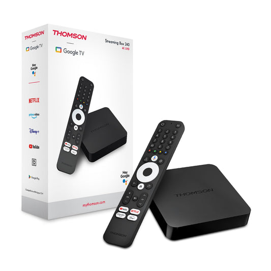 THOMSON Streaming Box 240, Google TV, 4K UHD, Commande vocale, Google Cast, Dolby Atmos, Dolby Digital Plus, Bluetooth 5.0, HDMI 2.1, HDR10, Wi-FI, 2 GB RAM, 8 GB Stockage
