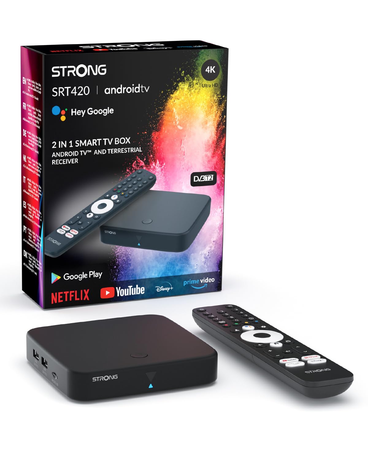 STRONG SRT420 Streaming Box Android TV 4K avec Port Ethernet, DVB-T2, 2GB RAM + 16GB Stockage, Chromecast Intégré, WiFi, Assistant Google Vocal, HDR10+, Dolby Audio & Dolby Vision