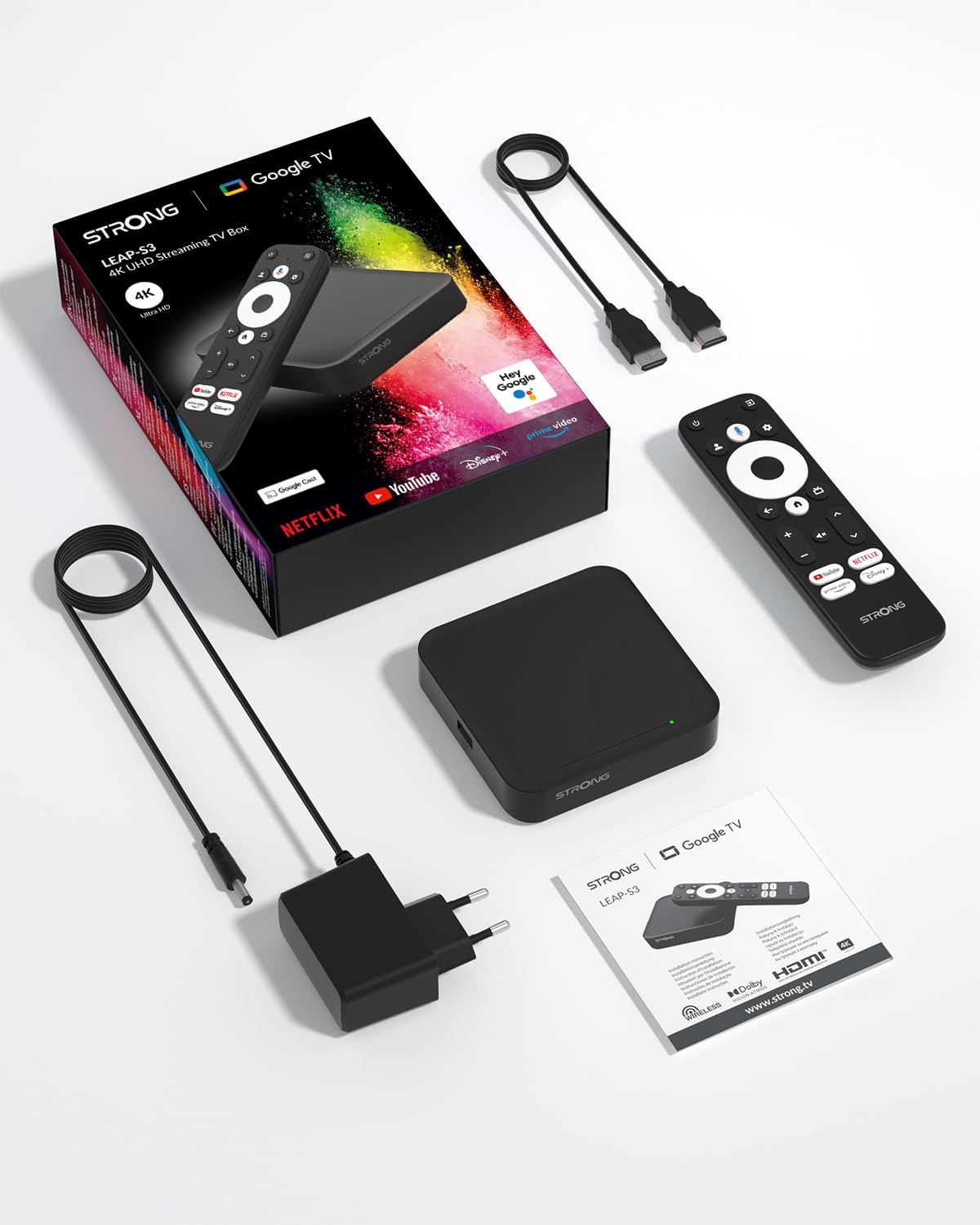STRONG Leap-S3 Streaming Box Google TV 4K UHD avec Port Ethernet, 2GB RAM + 16GB Stockage, Chromecast Intégré, WiFi, Assistant Google Vocal, HDR10+, Dolby Atmos & Dolby Vision