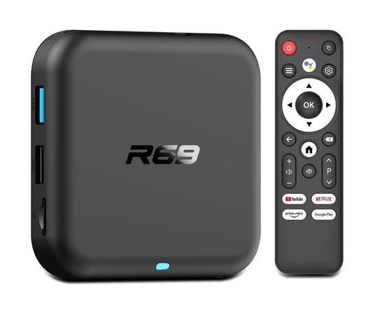 Android 14.0 TV Box,R69 Android Box 2GB RAM 32GB ROM RK3518 Quad-Core Arm Cortex-A53 Mali-450,Android TV Box Support 2.4/5.0GHz BT 5.0 mit 4K UHD und 100M Ethernet USB 3.0/2.0