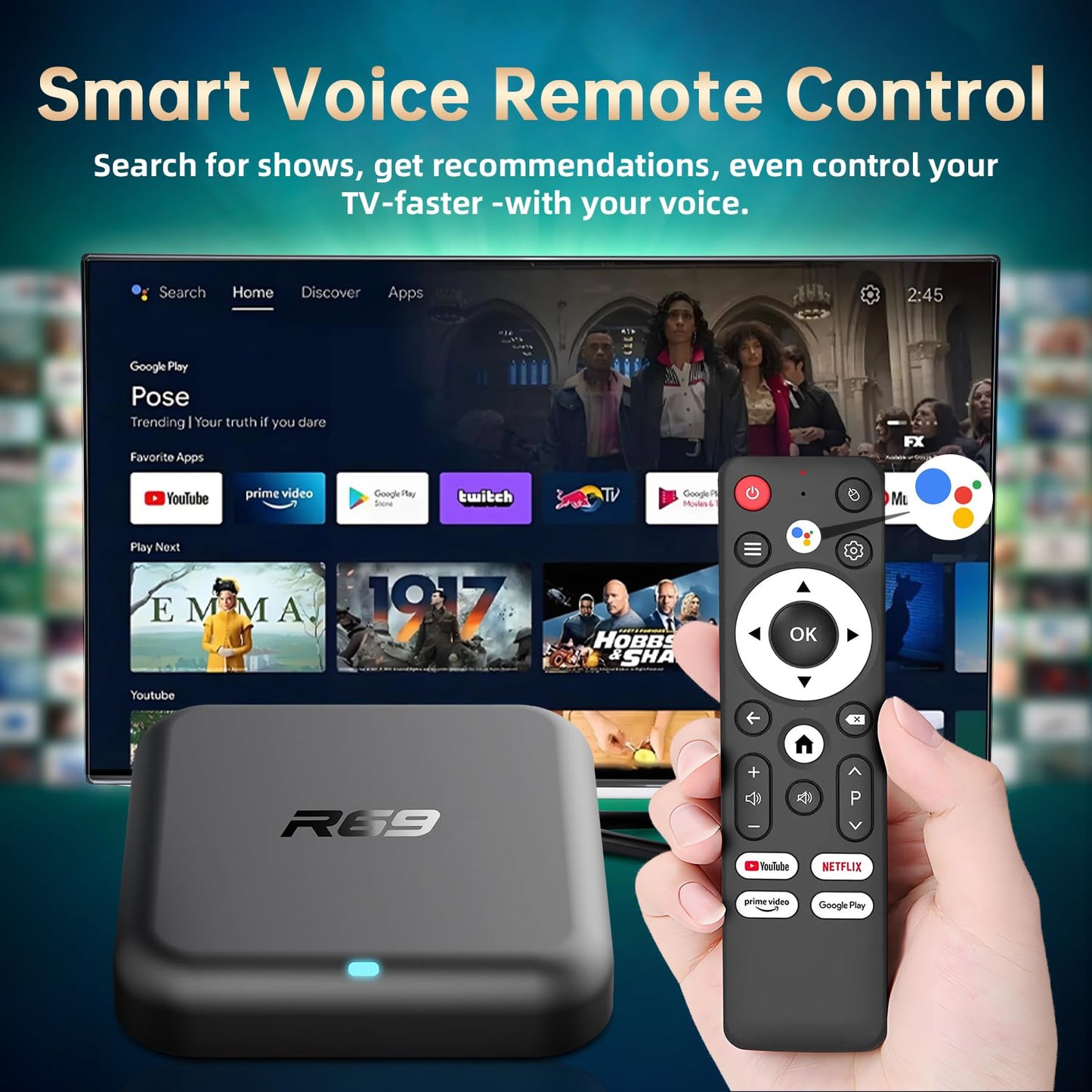 Android 14.0 TV Box,R69 Android Box 2GB RAM 32GB ROM RK3518 Quad-Core Arm Cortex-A53 Mali-450,Android TV Box Support 2.4/5.0GHz BT 5.0 mit 4K UHD und 100M Ethernet USB 3.0/2.0