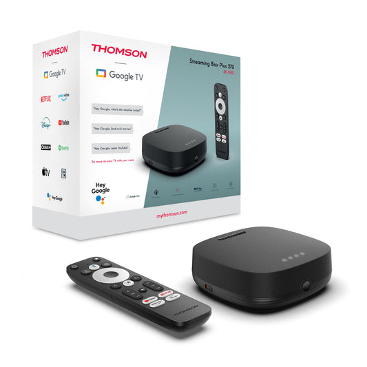 THOMSON Streaming Box Plus 270, Google TV, 4K UHD, Commande vocale, Google Cast, Netflix, Disney+, Wi-FI, Bloc d’Alimentation à Prises Multiples, 3 GB RAM, 32 GB Stockage
