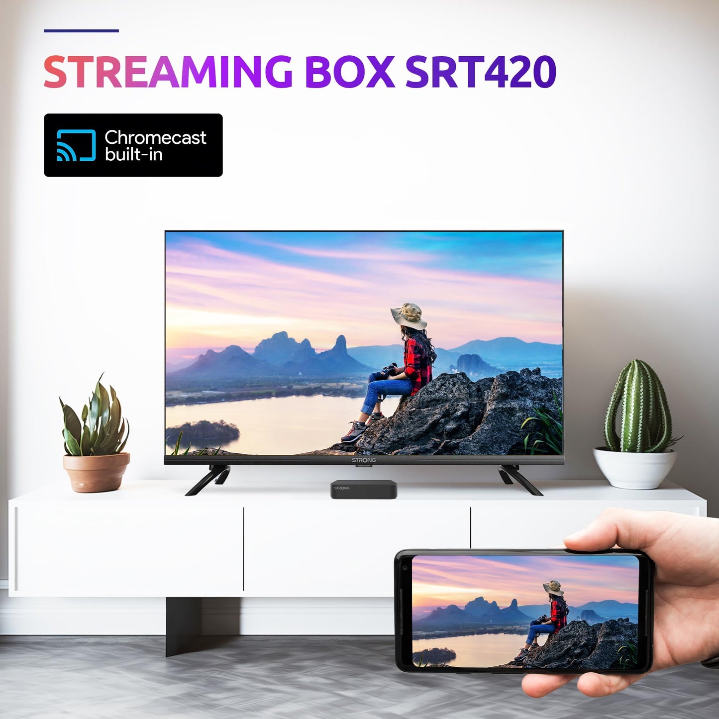STRONG SRT420 Streaming Box Android TV 4K avec Port Ethernet, DVB-T2, 2GB RAM + 16GB Stockage, Chromecast Intégré, WiFi, Assistant Google Vocal, HDR10+, Dolby Audio & Dolby Vision