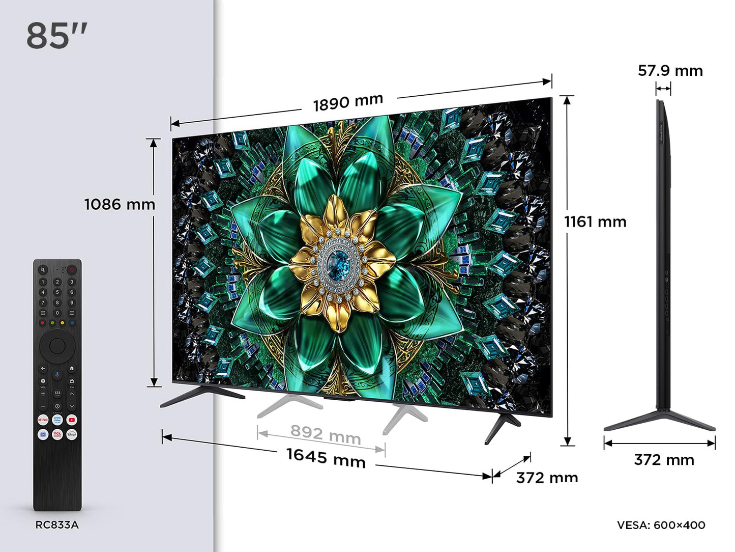 TCL 85Q6C QD-Mini LED TV, 4K HDR Premium 1000nits, Smart TV alimenté par Google (Dolby Vision IQ et Atmos, Panneau HVA Mat, système Audio Onkyo 2.1, Motion Clarity Pro 144Hz, Game Master)