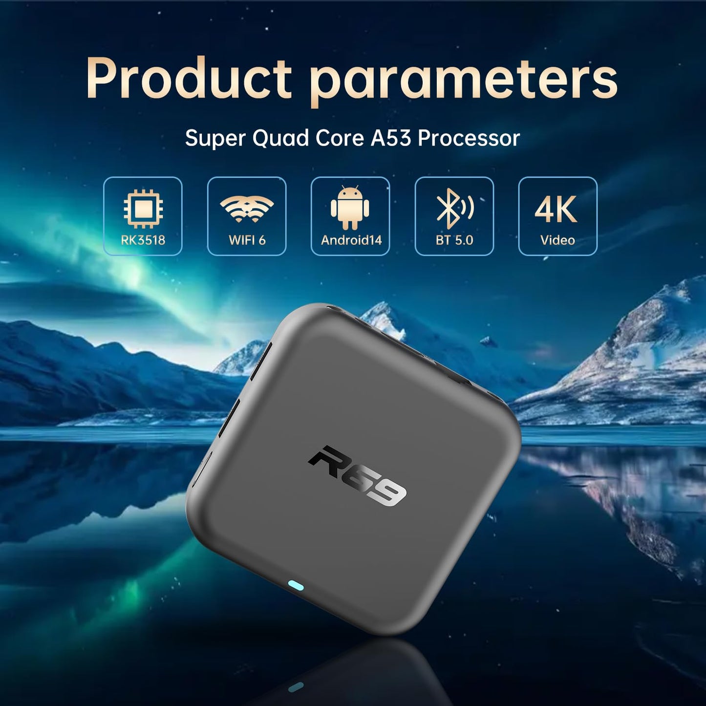 Android 14.0 TV Box,R69 Android Box 2GB RAM 32GB ROM RK3518 Quad-Core Arm Cortex-A53 Mali-450,Android TV Box Support 2.4/5.0GHz BT 5.0 mit 4K UHD und 100M Ethernet USB 3.0/2.0