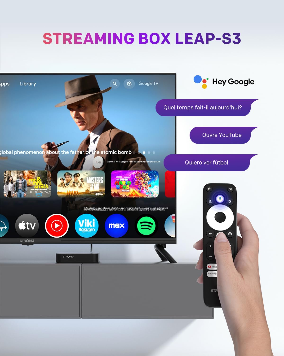 STRONG Leap-S3 Streaming Box Google TV 4K UHD avec Port Ethernet, 2GB RAM + 16GB Stockage, Chromecast Intégré, WiFi, Assistant Google Vocal, HDR10+, Dolby Atmos & Dolby Vision