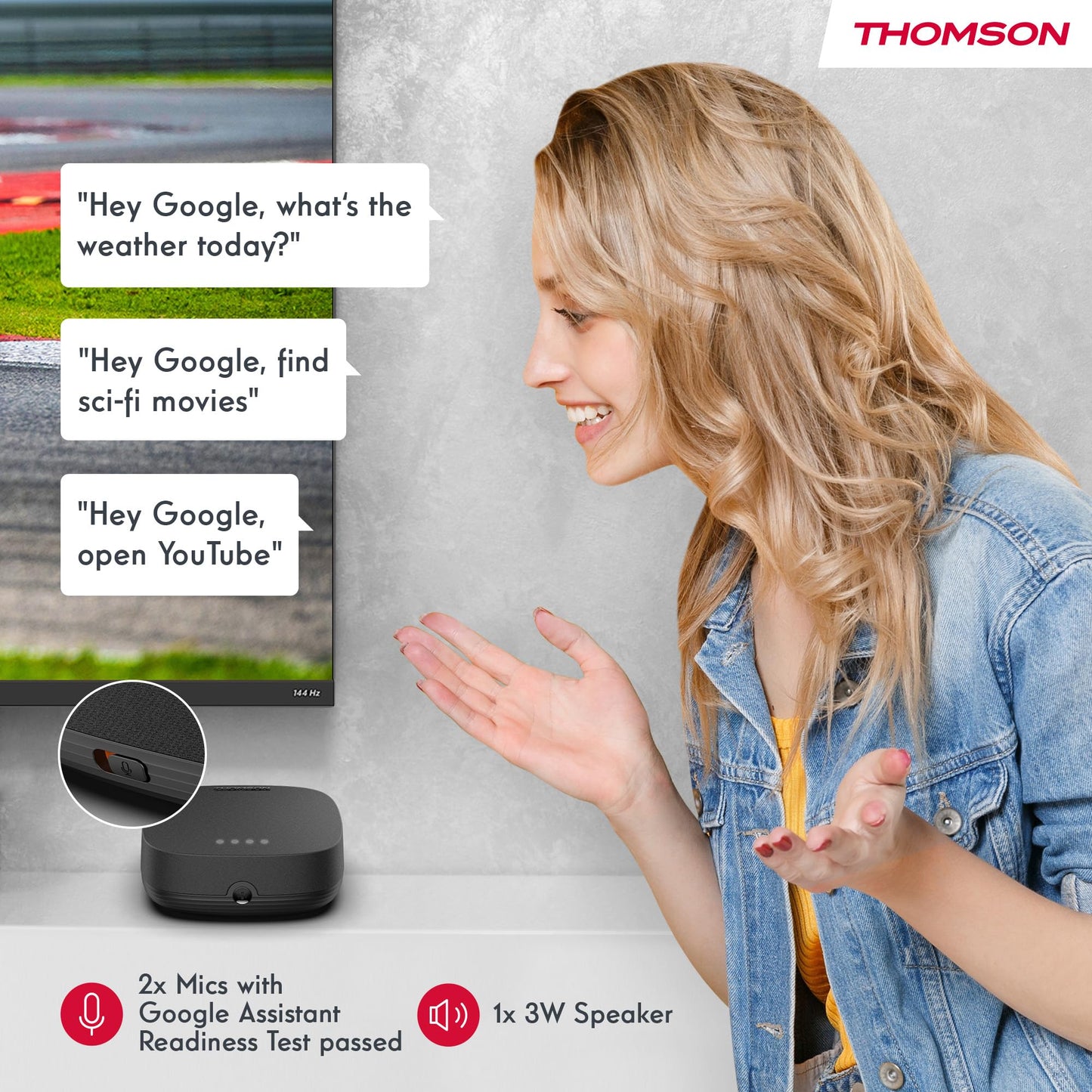 THOMSON Streaming Box Plus 270, Google TV, 4K UHD, Commande vocale, Google Cast, Netflix, Disney+, Wi-FI, Bloc d’Alimentation à Prises Multiples, 3 GB RAM, 32 GB Stockage