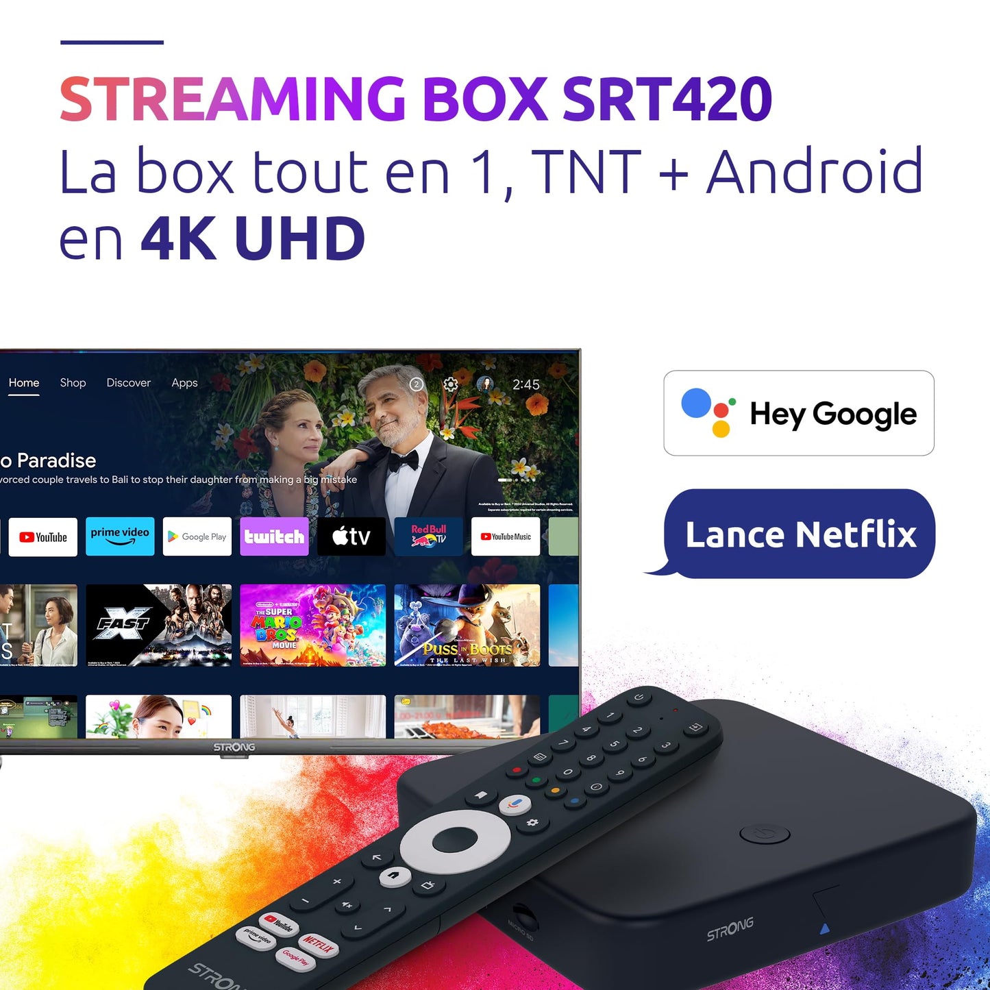 STRONG SRT420 Streaming Box Android TV 4K avec Port Ethernet, DVB-T2, 2GB RAM + 16GB Stockage, Chromecast Intégré, WiFi, Assistant Google Vocal, HDR10+, Dolby Audio & Dolby Vision