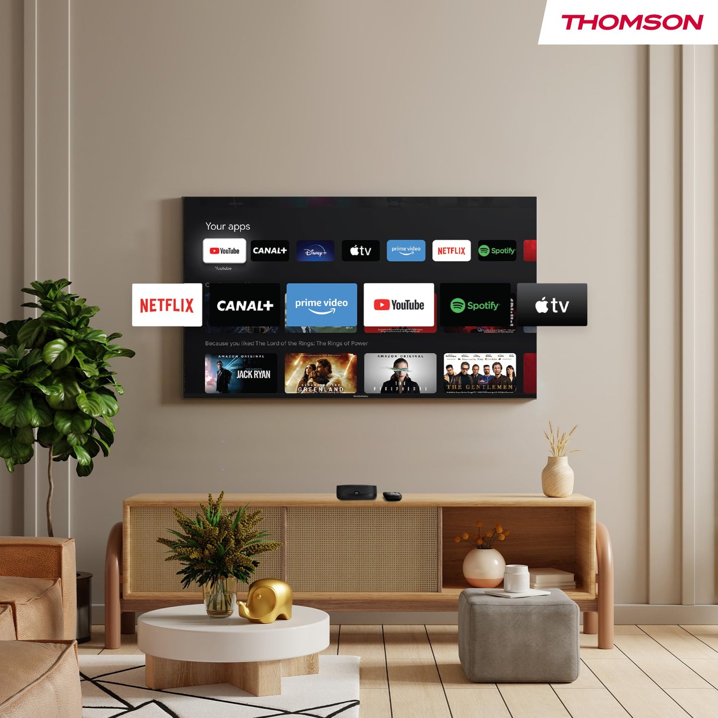 THOMSON Streaming Box Plus 270, Google TV, 4K UHD, Commande vocale, Google Cast, Netflix, Disney+, Wi-FI, Bloc d’Alimentation à Prises Multiples, 3 GB RAM, 32 GB Stockage